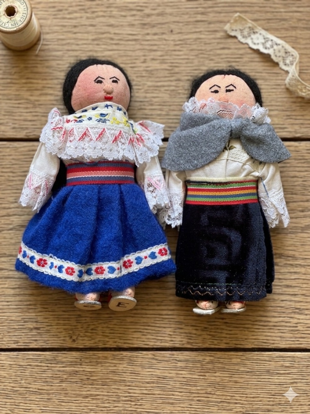 Handmade Traditional Folk Dolls / penny dolls - Blue & Black Dresses